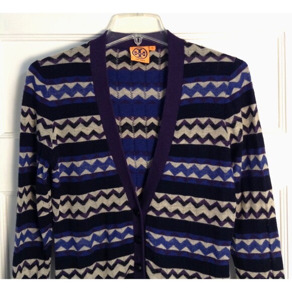 Tory Burch Cardigan Sweater M Chevron Stripe Wool Cashmere Knit Aztec Southwest - Picture 2 of 8